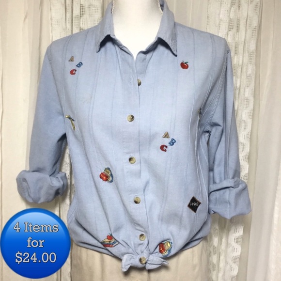 Vintage Tops - Vintage chambray embroidered school symbols shirt